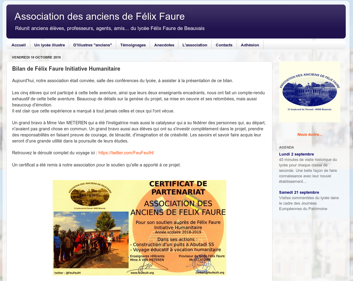 Article de l'Association des Illustres de Félix Faure du 18 octobre 2019